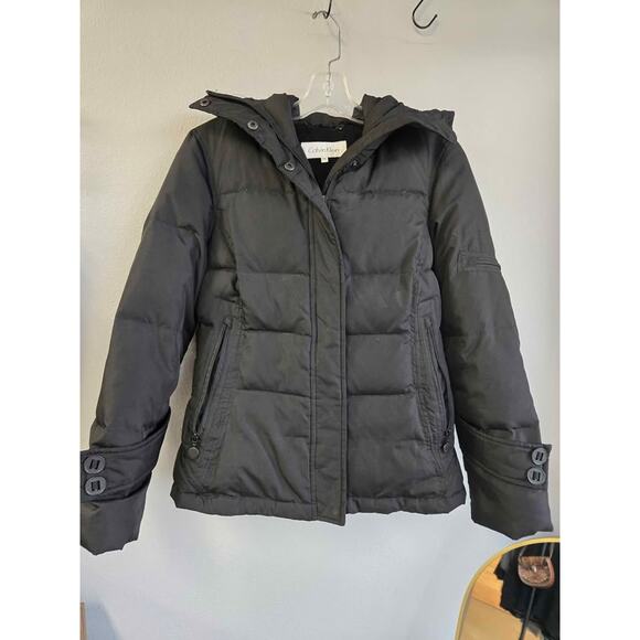 Calvin Klein PXS Black Quilted Down Puffer Jacket Coat Faux Fur Lining Hood - Picture 1 of 5